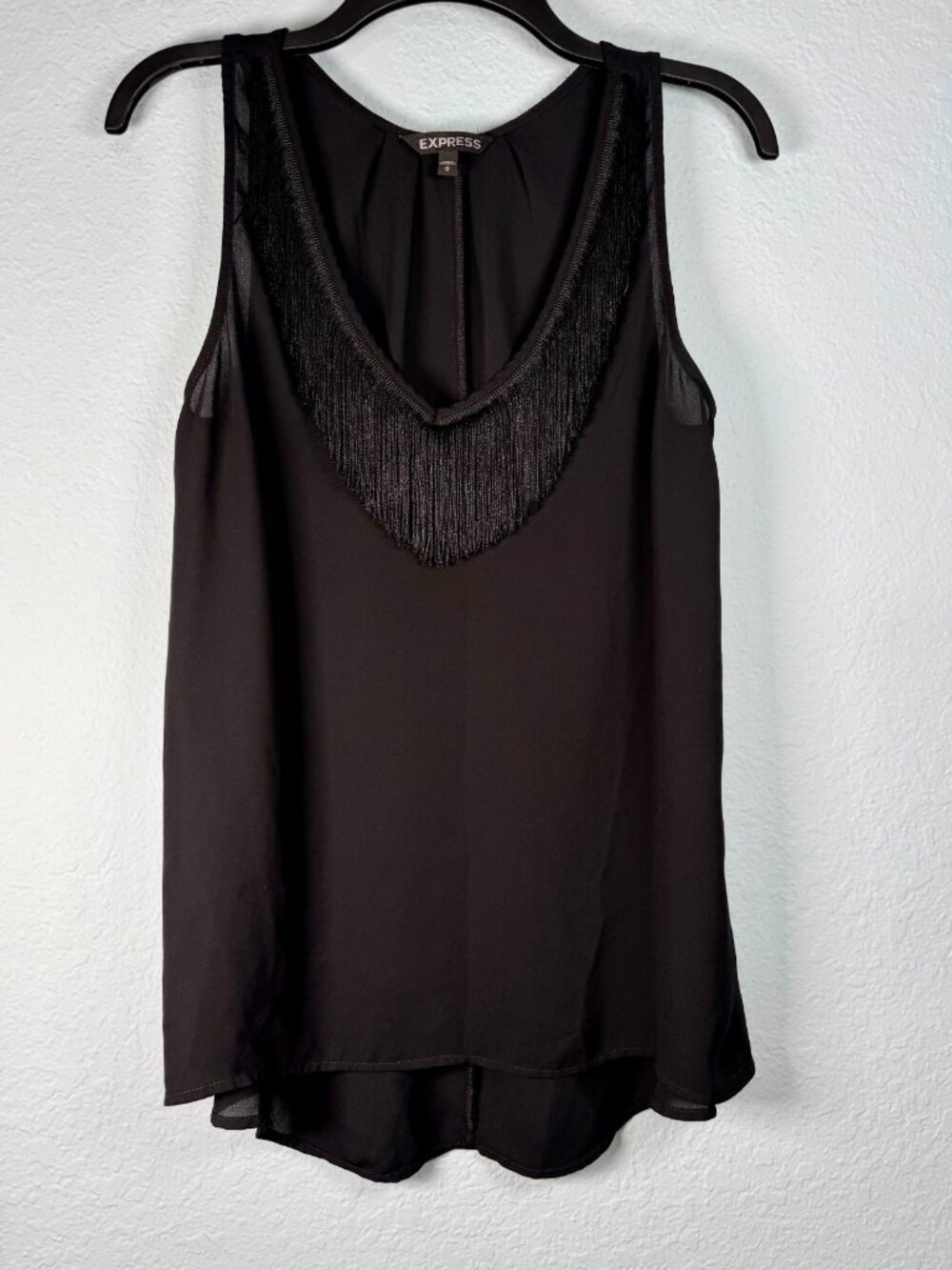 Express Fringe Black Chiffon Tank Top Womens M Sleeveless V-Neck Party Night Out